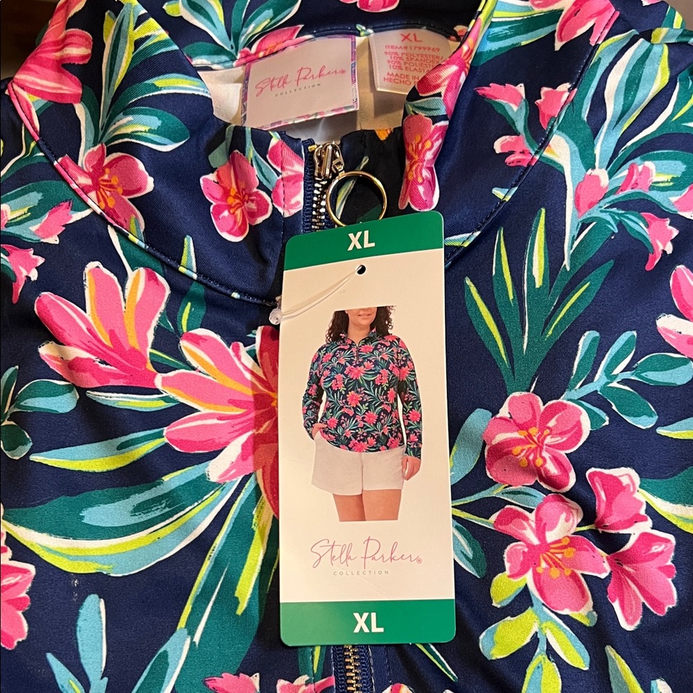 NWT Stella Parker Women's‎ Quarter Zip Athletic pink floral LS Sun Shirt UPF50